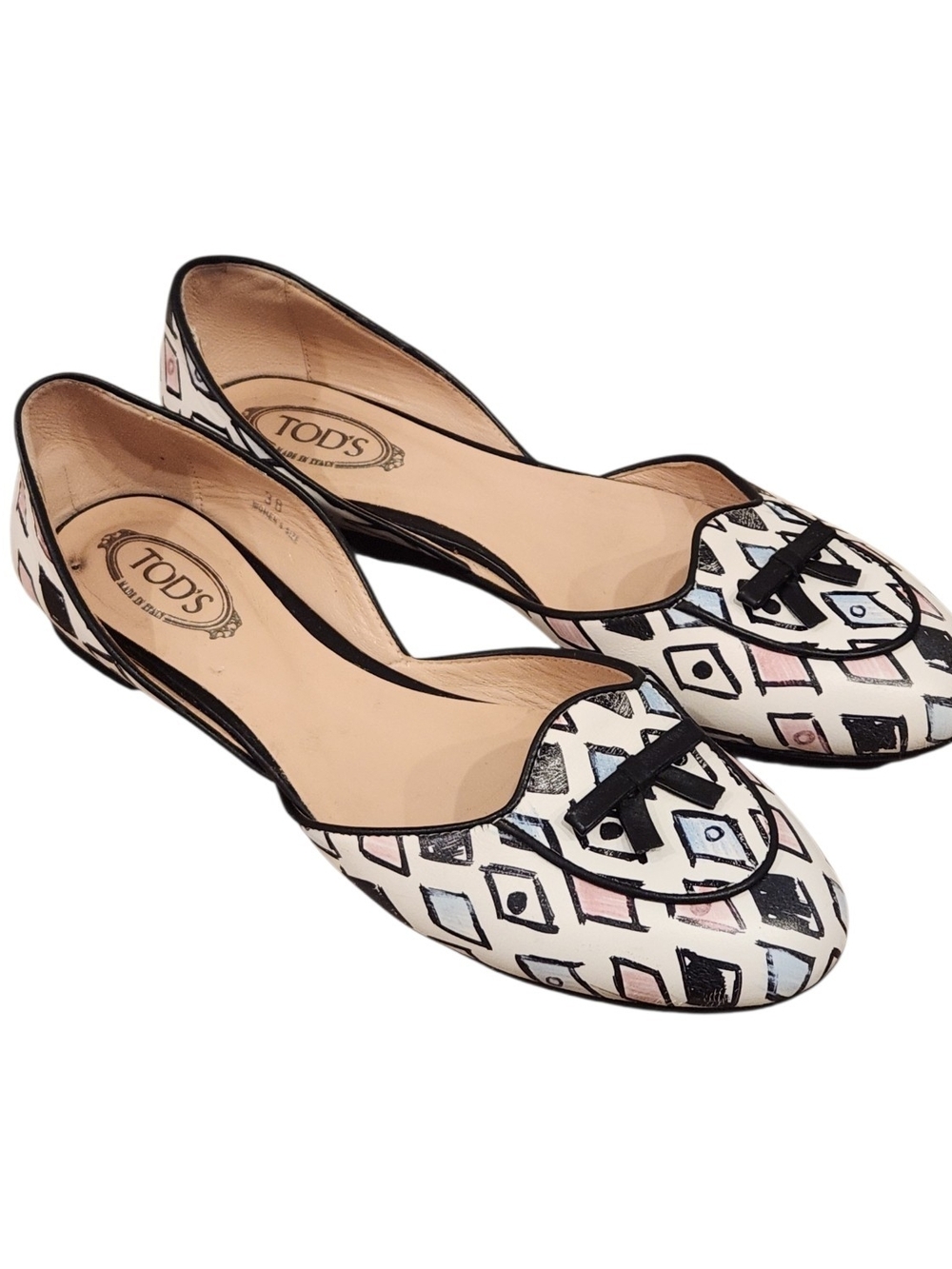 TOD'S Italy Leather D'Orsay Flats Geometric Abstract Diamond Bow EU 38 US 8 GUC